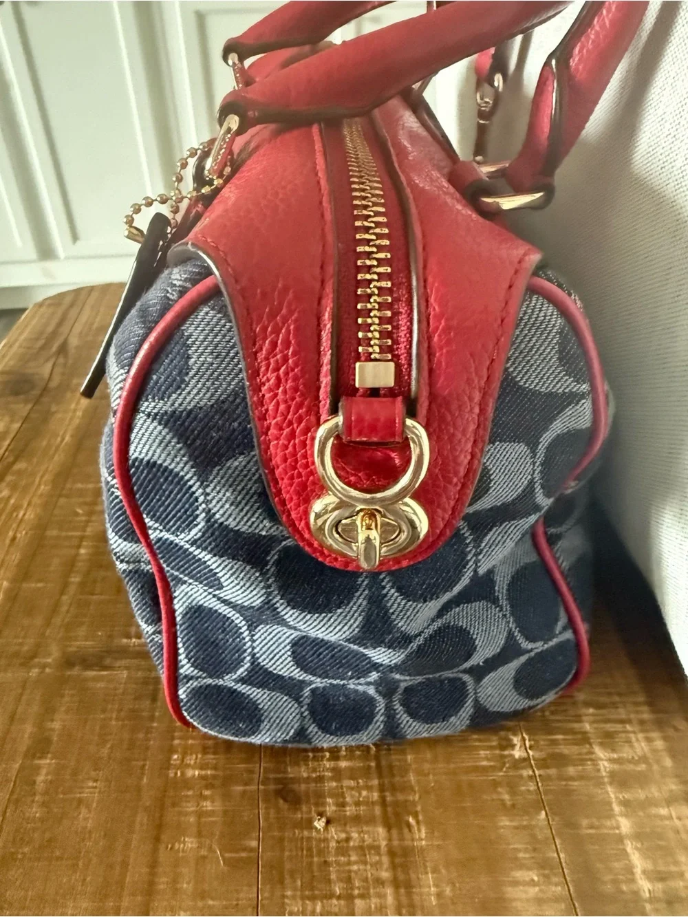 Small Coach Rowan Signature Satchel with Red Leather Trim